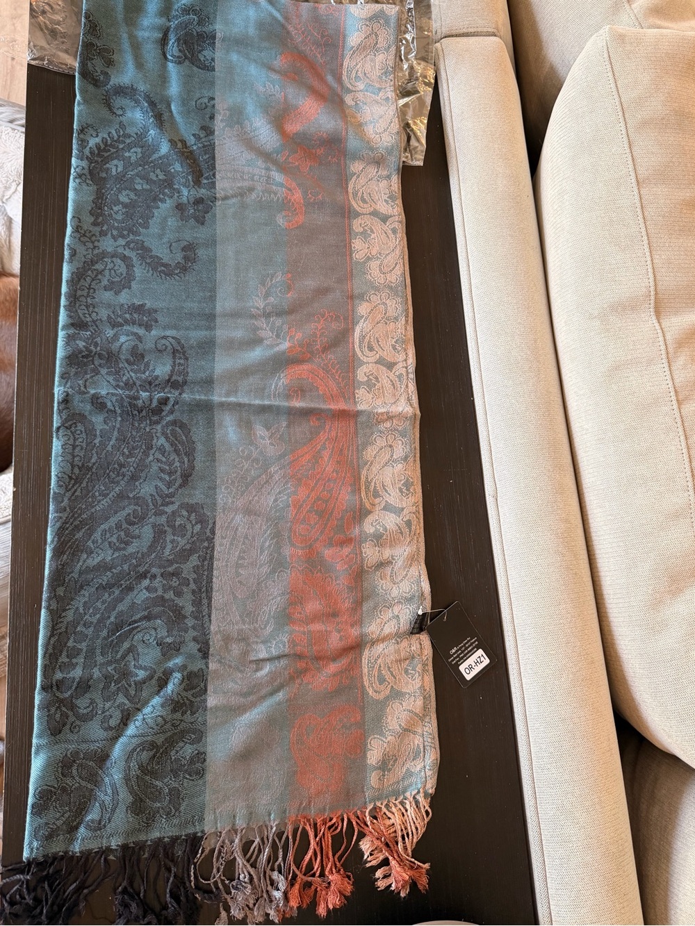 New Paisley Pattern Fringe Scarf in Teal, Rust & Gray
